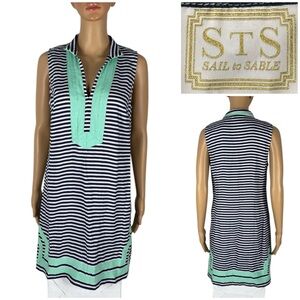 Sail To Sable Womens Medium Dress Blue 100% Linen Striped Tunic Coastal EUC